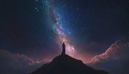 Fototapeta premium Woman Contemplates Vast Night Sky, Starry Milky Way Galaxy Above Mountaintop Silhouetted Against Clouds Wonderfully