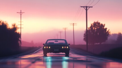 Classic car drives on rural road at sunset