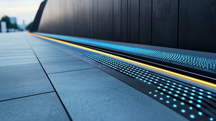 a modern sidewalk with embedded LED lights, smart city design, sleek and innovative, ultradetailed, isolated on white background