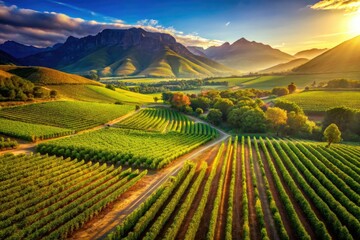 Naklejka premium California's wine country: a breathtaking drone view of lush vineyards clinging to sun-drenched hillsides.