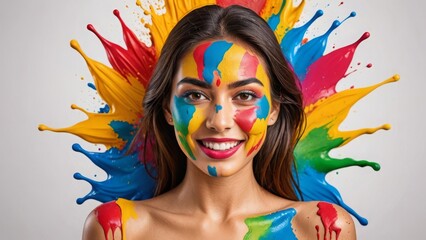 Obraz premium Smiling woman with colorful paint splashes on face and background