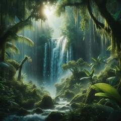 A lush exotic jungle with a powerful waterfall, sparkling water drops and rich green tones.
