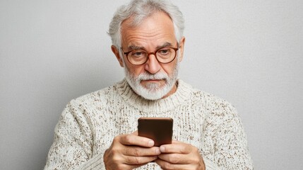 Senior Man in Cozy Sweater Using Smartphone with Thoughtful Expression