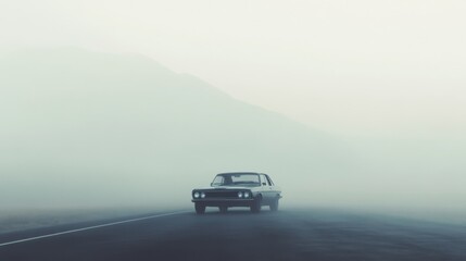 Fototapeta premium Classic car driving on foggy desert road