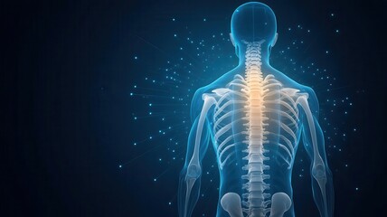 An illustrated human spine highlighting the vertebrae in a vibrant, glowing design against a dark digital tech blue light background.