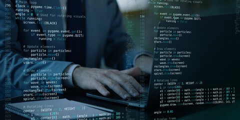 Programmer typing on laptop with transparent virtual screen displaying fictional programming logic, system updates, and performance graphs. Concept of innovative technology, software development