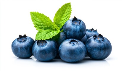 Obraz premium Fresh Blueberries with Natural Dew Drops and Green Leaves. Generative AI
