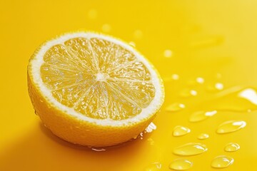 Fresh lemon slice on vibrant yellow surface with droplets