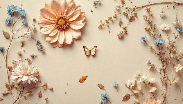 Un arreglo plano con flores secas en varios tonos de beige y colores apagados, incluida una flor grande de color melocot&oacute;n y flores m&aacute;s peque&ntilde;as de color blanco y azul