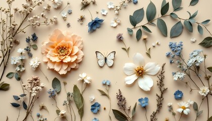 Un arreglo plano con flores secas en varios tonos de beige y colores apagados, incluida una flor grande de color melocotón y flores más pequeñas de color blanco y azul