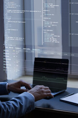 Virtual screen displaying fictional e-commerce web code, user interface styling, and system...