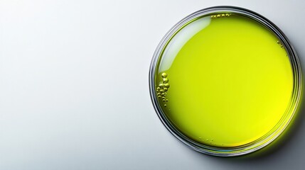 Bright Yellow Liquid in Petri Dish with Bubbles and Smooth Surface