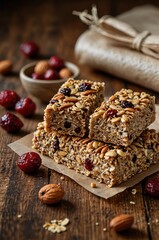 Stacked granola bars with nuts and dried fruit on rustic wood surface with scattered ingredients.