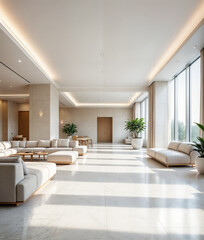 This image shows a modern and minimal interior with light colored furniture including a sofa and chair and several potted plants. The room has large windows that let in natural light.