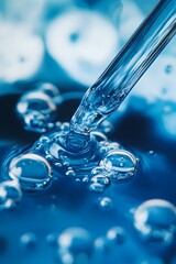 A close-up of an eyedropper filled with blue liquid, resting on the surface of water in which it is floating. The background shows small bubbles forming around its tip