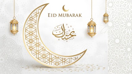 "Elegant Eid Mubarak Crescent Moon and Lanterns"