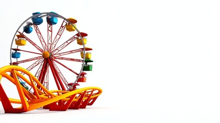a vintage carnival theme park, nostalgic Ferris wheel, classic wooden roller coaster, warm retro colors, isolated on white background