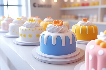 A colorful display of decorative cakes in a bakery setting. Each cake features unique designs, including frosting drips, flowers, and polka dots, showcasing a variety of pastel colors. 