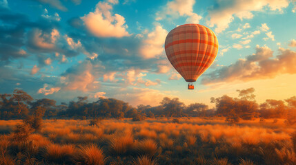 Fototapeta premium Sunset voyage: A serene hot air balloon drifts above a golden meadow under a sky painted with hues of orange and blue.