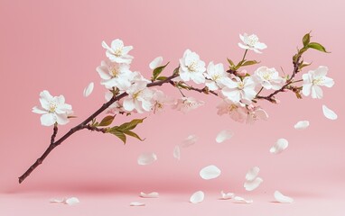 Fototapeta premium A graceful cherry blossom branch levitating gently with falling petals on a pastel pink background