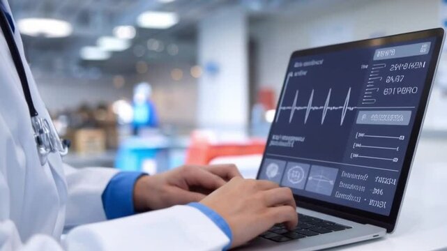 Close-up of a doctor in a white coat typing on a laptop with medical data reflected on the screen, illustrating modern healthcare technology and digital record management High quality 4k video