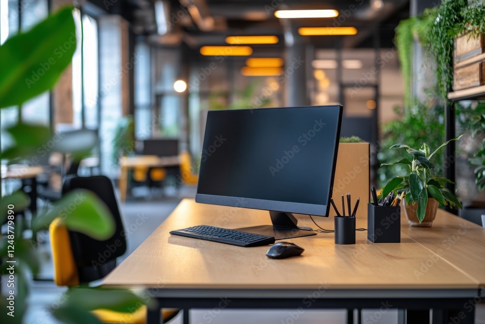 Poster modern office workspace with plants and computer setup