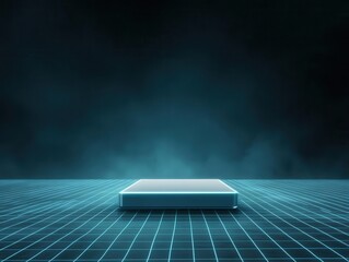 Futuristic digital platform illuminated in blue light, perfect for tech presentations or product showcases. podium concept of digital tech blue light background.