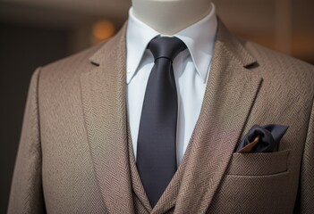 Close-up of a mannequin wearing a beige herringbone suit with a navy blue tie and pocket square set in a dimly lit environment