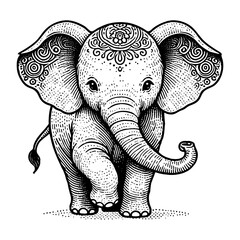 baby elephant adorned with traditional ornamental patterns, inspired by cultural and artistic motifs from India and Asia sketch engraving generative ai PNG. Scratch board. Black and white image.
