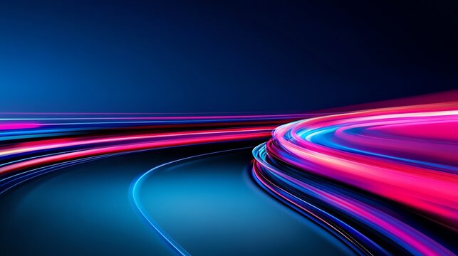 Abstract futuristic curved road in a digital cyber city, glowing grid structures, scifi highspeed travel, neon aesthetic