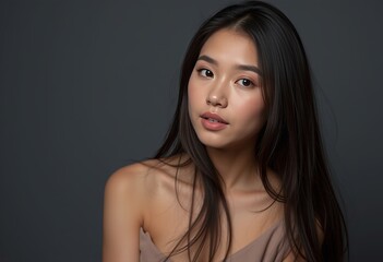 Woman with long black hair and bare shoulders posing against a dark background exuding elegance and confidence in a minimalist studio setting
