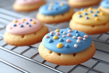 Colorful cookies with icing and sprinkles cooling on a wire rack, featuring pastel pink, blue, and yellow colors. 3d rendering cute illustration creative scene.