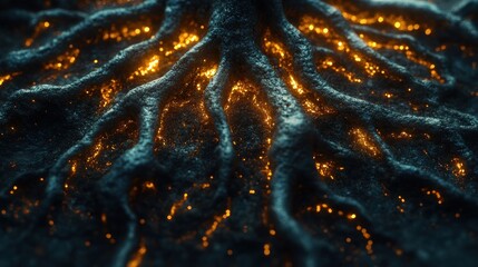Glowing roots emanating from dark earth.