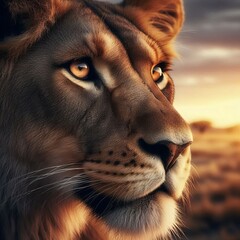 Fototapeta premium A close-up of a majestic lioness in a natural savannah. 
