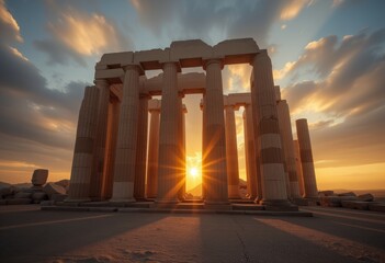 Fototapeta premium Ancient Greek temple at sunset with dramatic clouds and golden sunlight creating a majestic and awe-inspiring scene