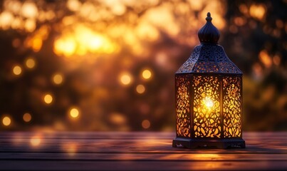 Illuminated lantern sunset garden table Ramadan