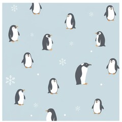 Fototapeta premium Cute Penguin Pattern Illustration with Snowflakes on Blue Background - Perfect for Winter-Themed Designs, Kids' Products, and Holiday Decorations.