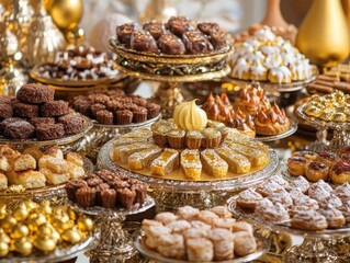 Assortment of Exquisite Gold Plated Pastries and Cakes on a Table