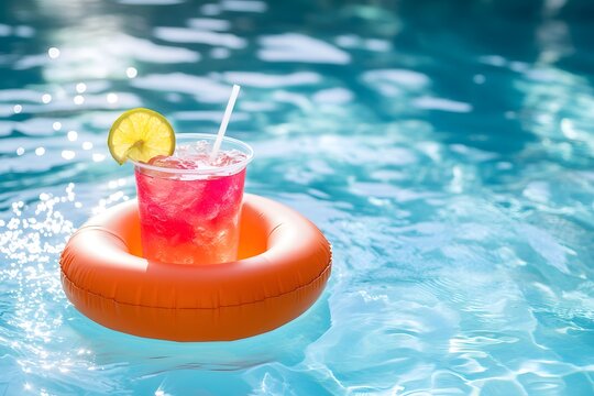 A photo of an inflatable cup holder floating on the water in a pool, with a cocktail inside. The image has a bright and sunny, summer vibe, and appears to be a product photography shot