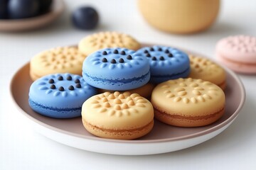 Fototapeta premium A plate of colorful macarons featuring blue and yellow hues, with decorative patterns on top. The macarons are arranged neatly, showcasing their smooth texture and vibrant colors.