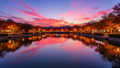 Tranquil festival pond reflecting colorful sky at dusk, Mid-Autumn Festival