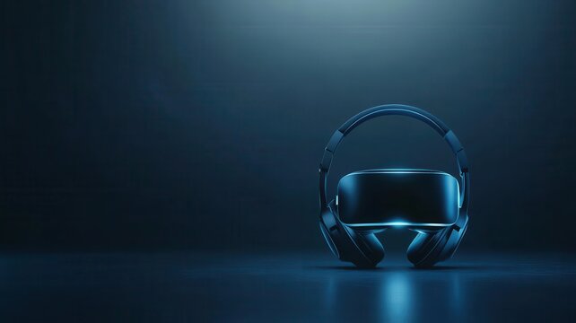 Modern virtual reality headset illuminated in a dark environment, representing innovation in gaming and immersive experiences. podium concept of digital tech blue light background.