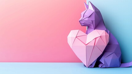 Pastel purple origami cat with with pastel pink origami heart on the right side on a pastel pink and blue background. Copy space, animals love concept.
