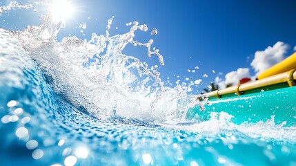 Aqua coaster splashing down into a pool, water droplets frozen midair, highspeed summer thrill ride action