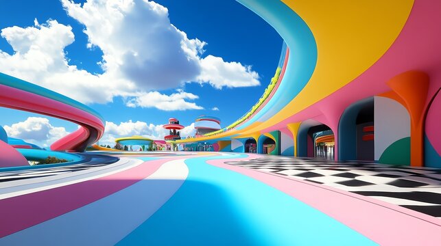 Animeinspired theme park, vibrant colors, stylized attractions, 3D illustration