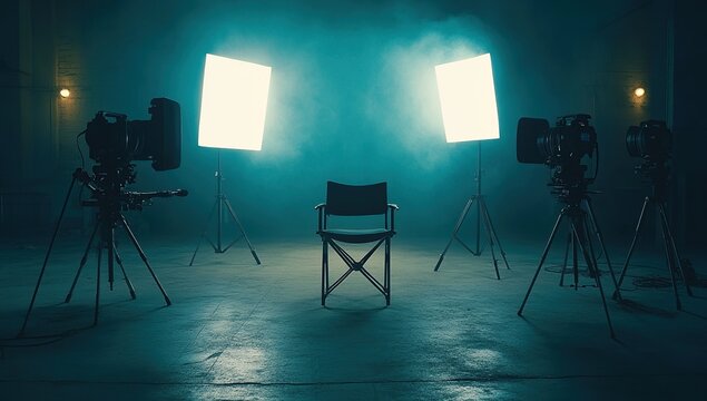 Film Studio Setup: Cameras, Lighting, and Director's Chair Ready for Action, Awaiting the Next Scene's Filming