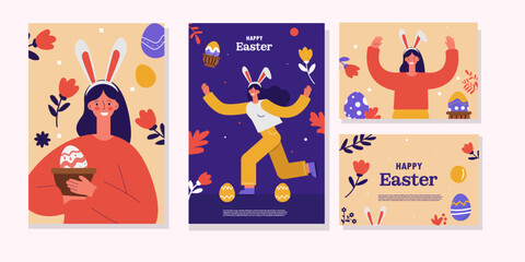 Happy easter day with Easter eggs as a background on Media social flat design. Vector illustration poster