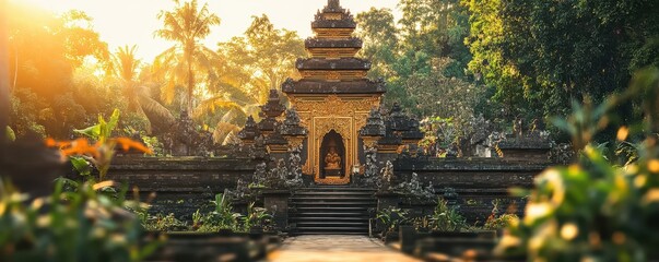 Obraz premium Ancient stone temple embraced by lush greenery, showcasing nature's harmony with historical architecture.
