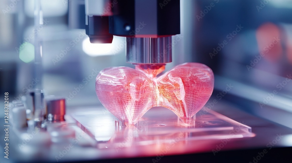 Poster close up of a cutting edge 3d printer creating a transparent heart shaped model. the scene highlight