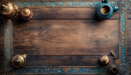 Dark Brown Wooden Background with Gold and Teal Ornate Frame